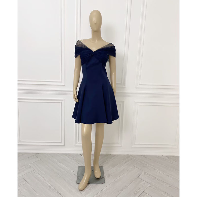 kudapy เดรสสั้นออกงานสีน้ำเงินกรมท่า/สีน้ำตาล/สีสีชมพูนู้ด ปาดไหล่แต่งผ้าซีทรู