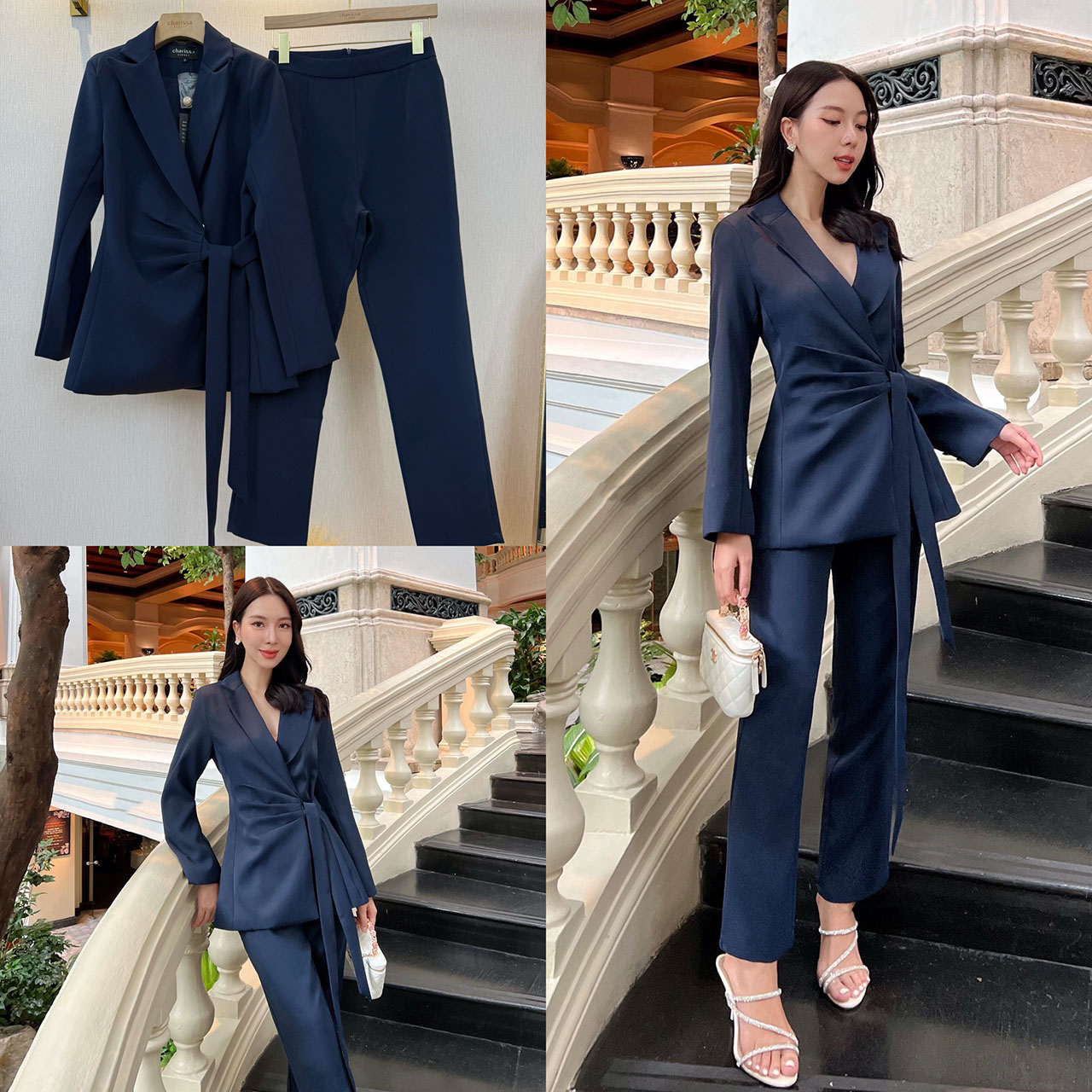 kudapy ชุดเซ็ทเสื้อสูททรงทันสมัย+กางเกง เสื้อแต่งจับจีบเพื่อให้ดูผอมเพรียม ด้านในเสื้อติดแป๊ก2 เม็ด