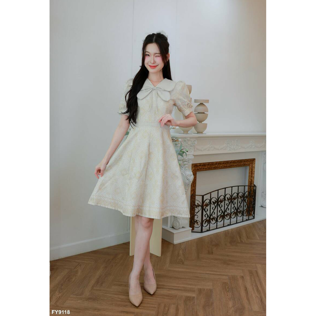 kudapy เดรสคอปกบัวผีเสื้อแขนตุ๊กตาพิมพ์ลาย