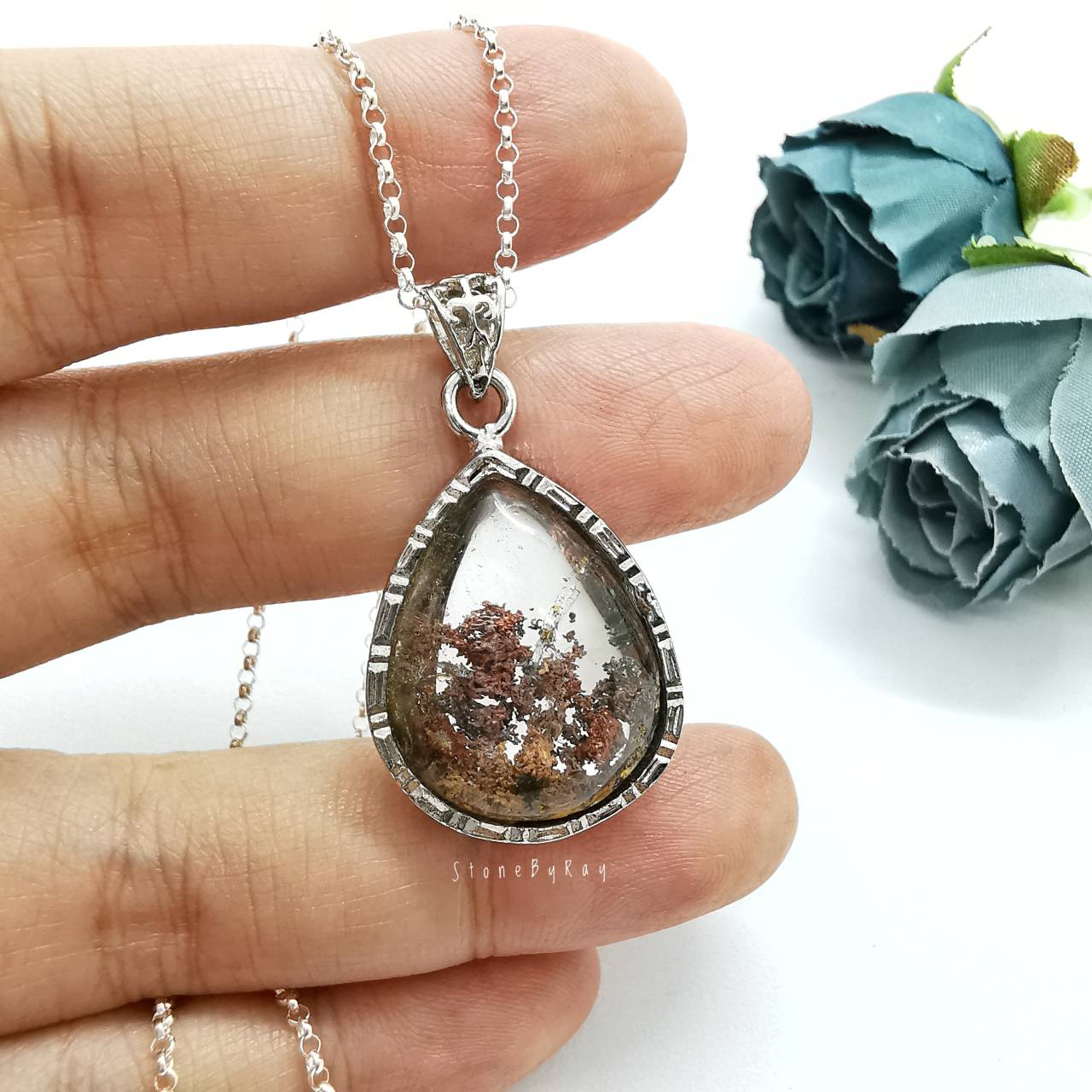 สร้อยคอเงินจี้หินโป่งข่าม Lodolite Quartz