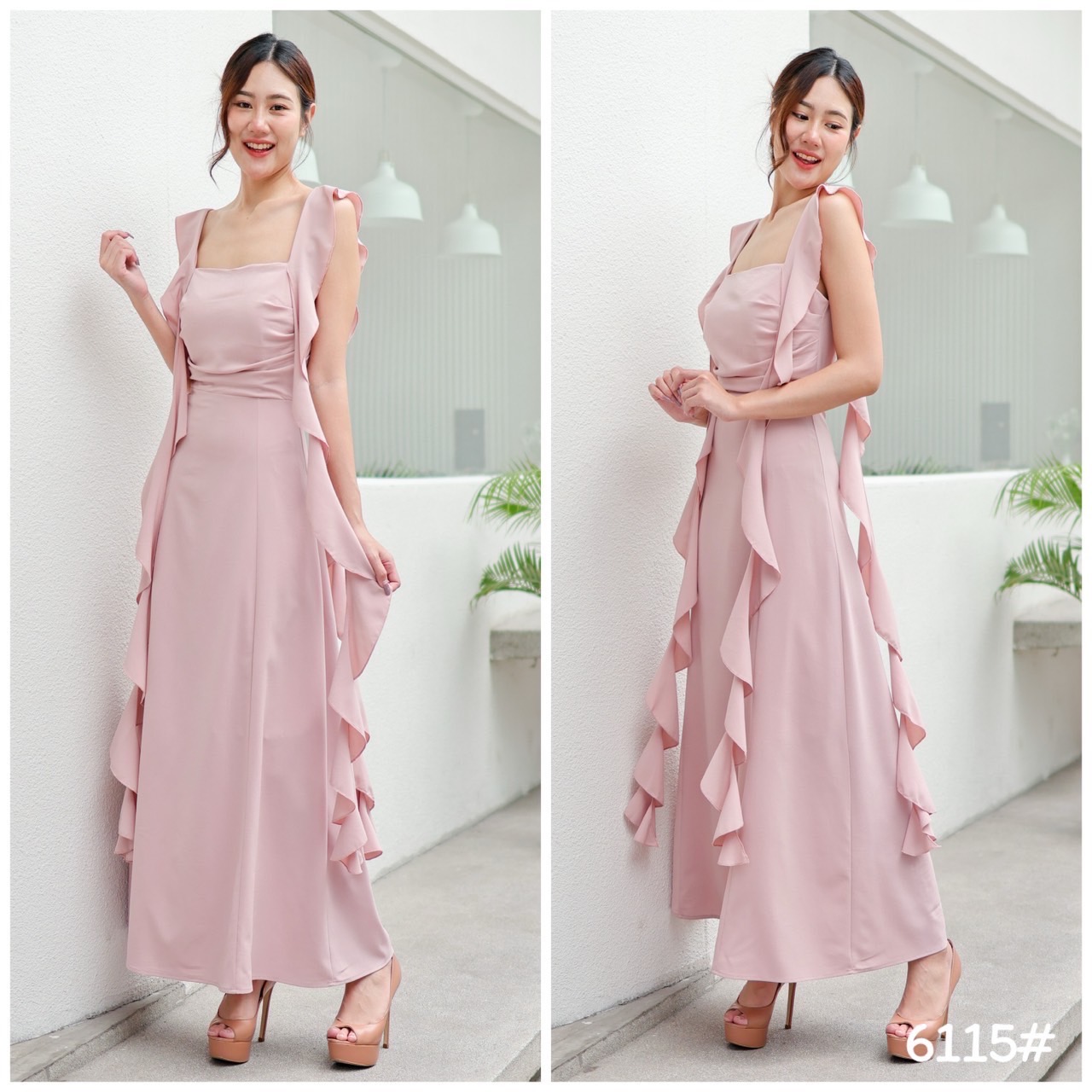 kudapy เดรสยาวสายเดี่ยว ระบายริ้บบิ้นเกลียว เข้ารูปเอวสับ กระโปรงบานสวย เนื้อผ้าชีฟองหนา มีซับในทั้งตัว