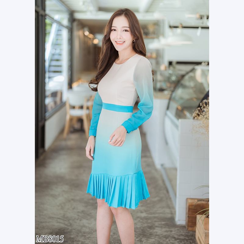 kudapy เดรสสั้นทูโทนสีชมพู ,สีครีมฟ้า แขนยาว ผ้าชีฟองยาวกึ่งกระโปรงพลีสสวยดูดีน่ารักมากๆ