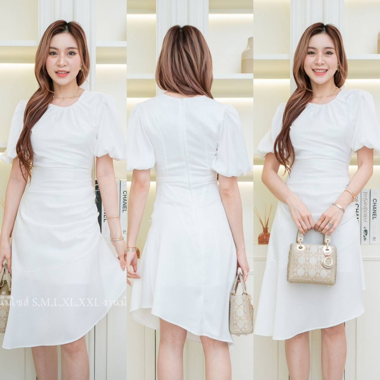 kudapy ชุดเดรสสั้นใส่ออกงาน คอกลมจับจีบระบาย เดรสทรงบานแต่งระบาย ผ้าเครปซาตินนุ่มลื่นใส่สบาย ชุดยาว 40 นิ้ว