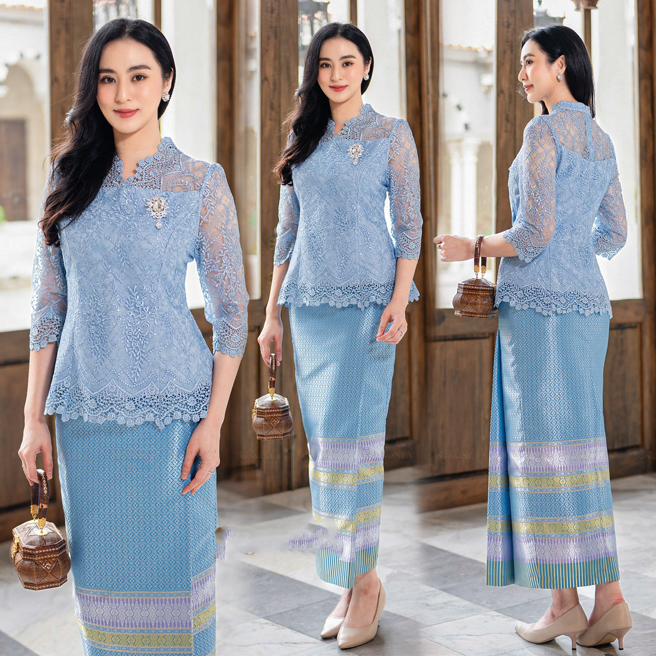 kudapy ชุดเซ็ทเสื้อ+ผ้าถุง เสื้อลูกไม้คอวี ปักกริสเตอร์วิ้งๆ แขนสี่ส่วนลูกไม้ทั้งตัว ตีเกร็ดเข้ารูปเล็กน้อย มีซับใน ซิปซ่อนหลังสวมใส่ง่าย