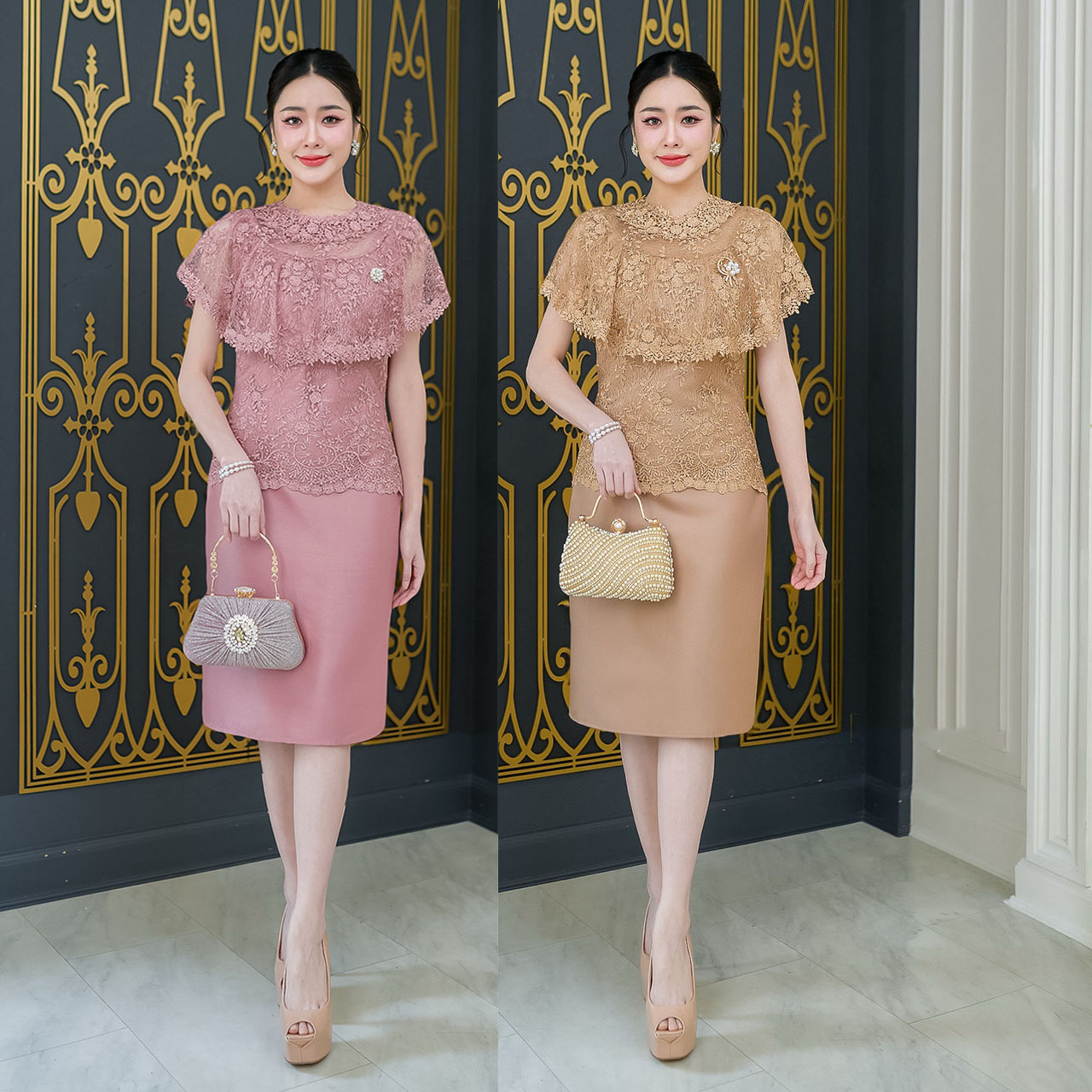kudapy เดรสสั้นสีชมพู/สีน้ำตาลทอง ผ้าลูกไม้เงาผสมผ้าไหม งานผ้าลูกไม้คลุมไหล่ระบายแต่งรอบคอด้วยลูกไม้สวยหรู กระโปรงเป็นงานผ้าไหมญี่ปุ่น