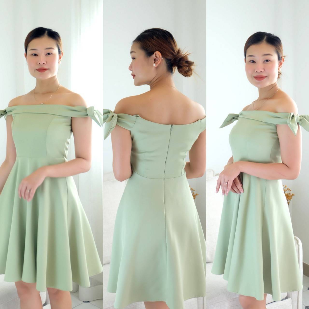 kudapy เดรสสั้นออกงานสายเดี่ยว แต่งโบว์ เดรสออกงานทรงระบาย ผ้าเบเป้ ยาว 35 นิ้ว
