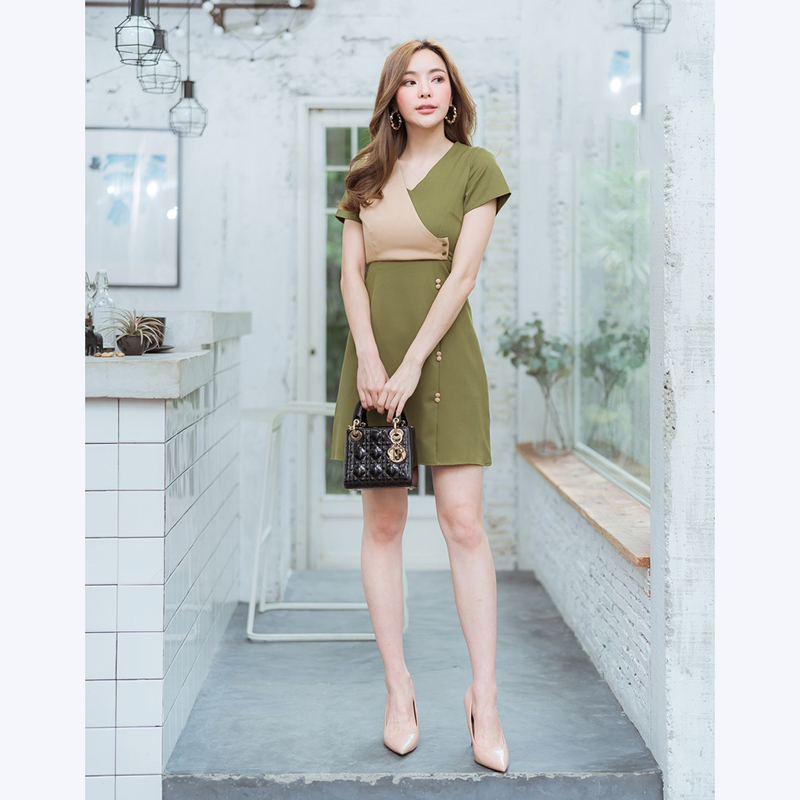 kudapy เดรสสั้นสีชมพู,เขียว,กรม ใส่ทำงานแต่งกระดุมคู่ทูโทนสวยน่ารัก
