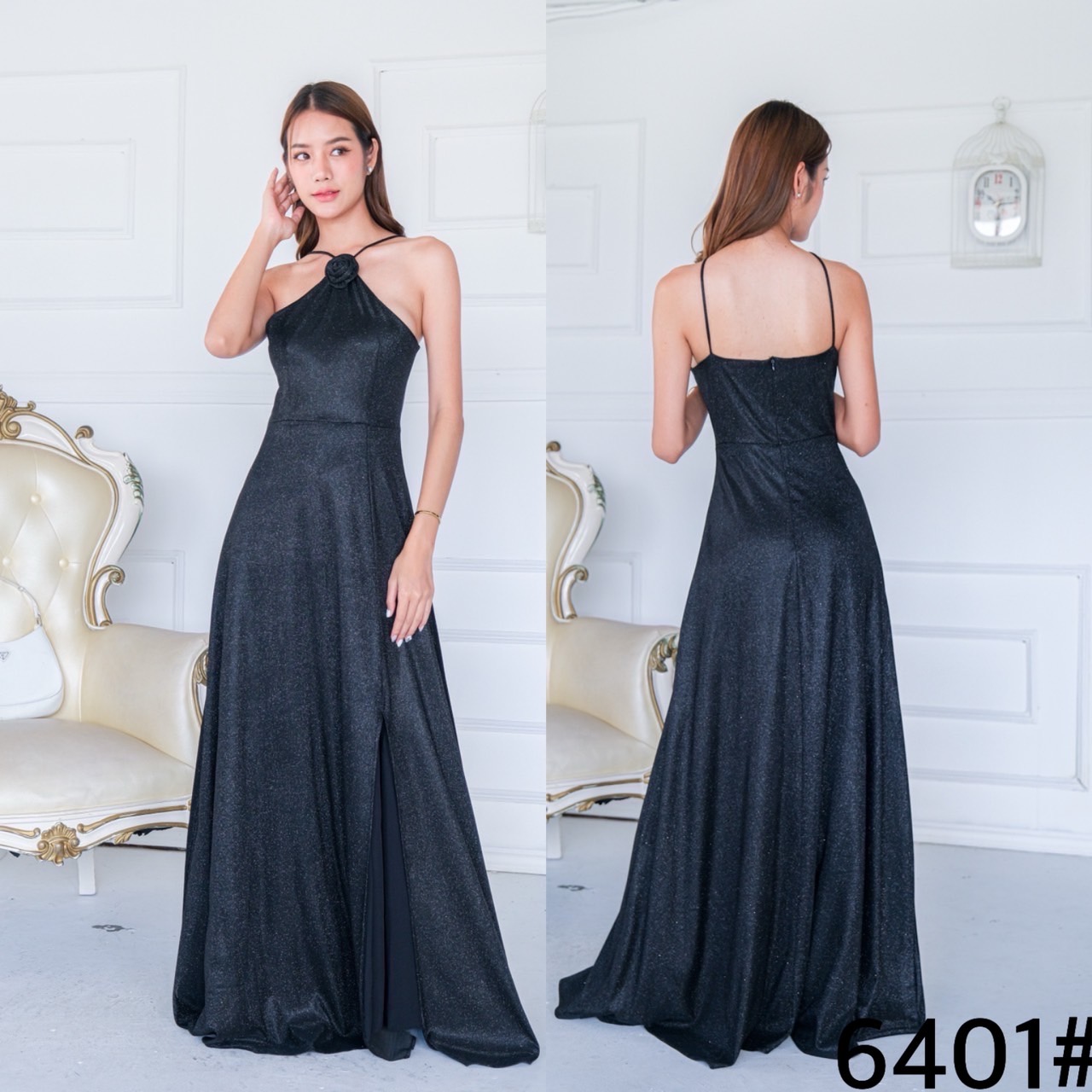 kudapy เดรสราตรีออกงานคล้องคอ ดีเทลเว้าบ่า แต่งเข็มกลัดดอกไม้ ทรงสวยเรียบหร กระโปรงบานพริ้วสวย