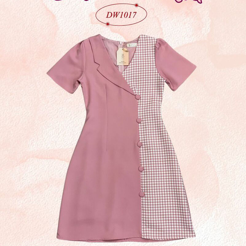 kudapy เดรสสั้นสีชมพู/สีกรม/สีน้ำตาล ทูโทนลายสก๊อต ทรงเข้ารูป มีซับใน งานซิปด้านหลัง