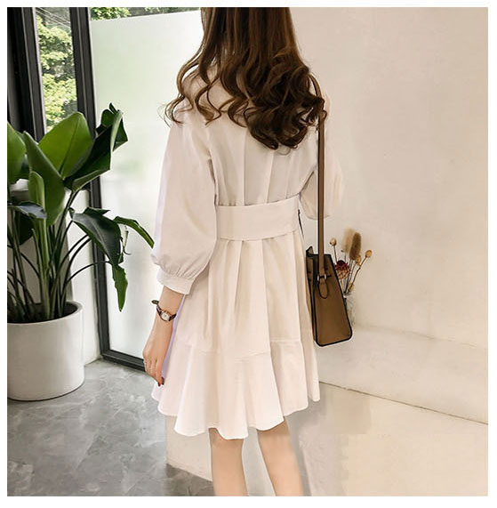kudapy ชุดเดรสสั้นสีขาว,สีฟ้า แฟชั่นแขนยาวทรงบาน แบบสวยหวานน่ารัก มีสายผ้าผูกเอว