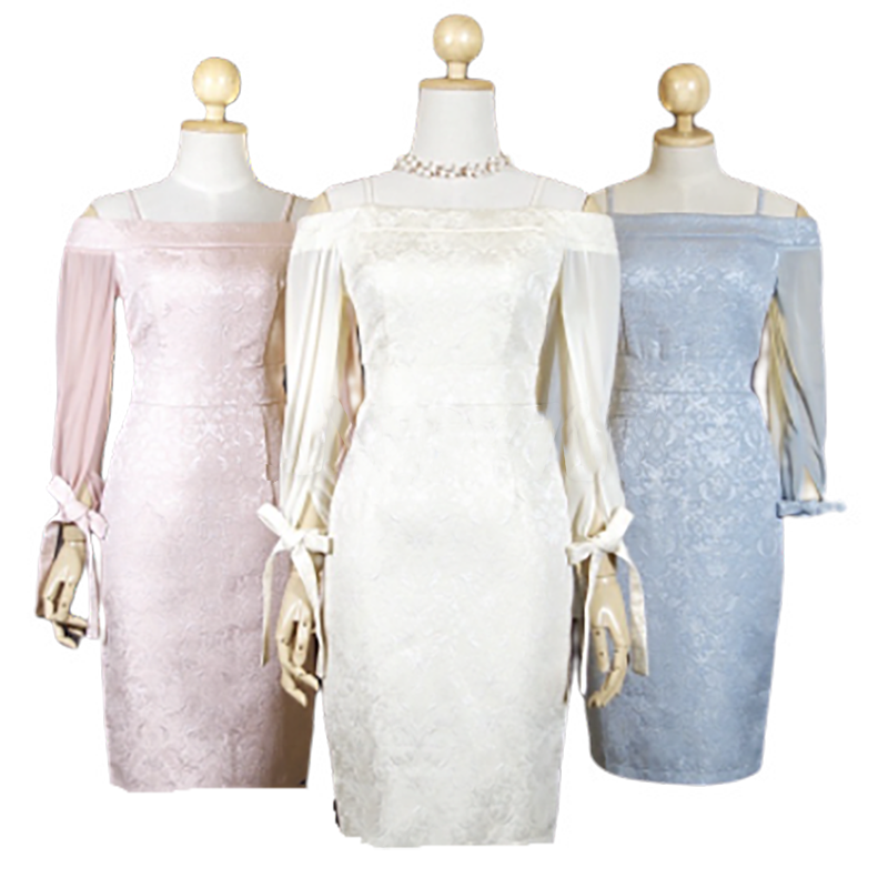 kudapy เดรสสั้นไปงาน เดรสผ้าไหมเปิดไหล่แขนยาวสีชมพู สีฟ้า สีครีมทอง แขนยาวผ้าชีฟองแต่งโบว์ที่ปลายแขน งานมีซับใน ซิบหลังอย่างดี