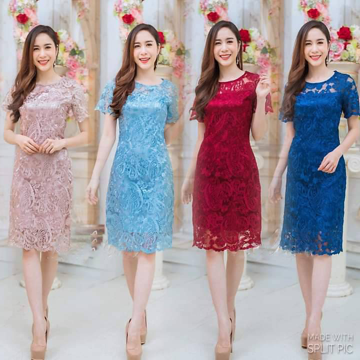 kudapy เดรสสั้นไปงานแต่งสีแดง เดรสสั้นคอกลม แขนสั้น ผ้าลุกไม้ปักเลื่อม ซับในผ้าซาตินเนื้อนิ่มอย่างดี