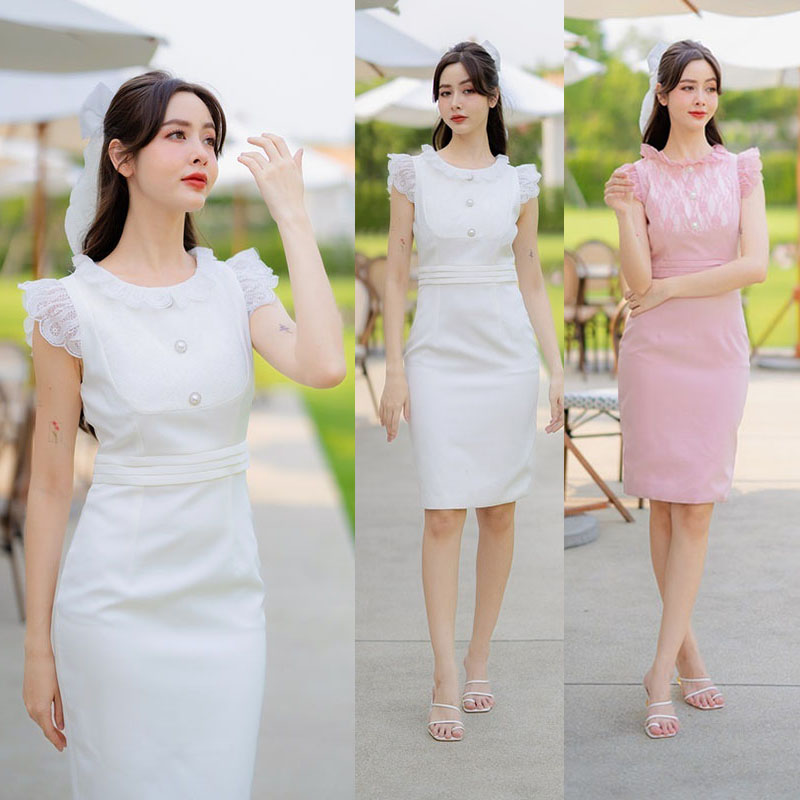 kudapy เดรสสั้นสีชมพู/สีขาว ออกงานสุดหรู สไตล์เรียบๆ ทรงเข้ารูปแขนกุด แต่งผ้าชีฟอง เพิ่มลูกไม้
