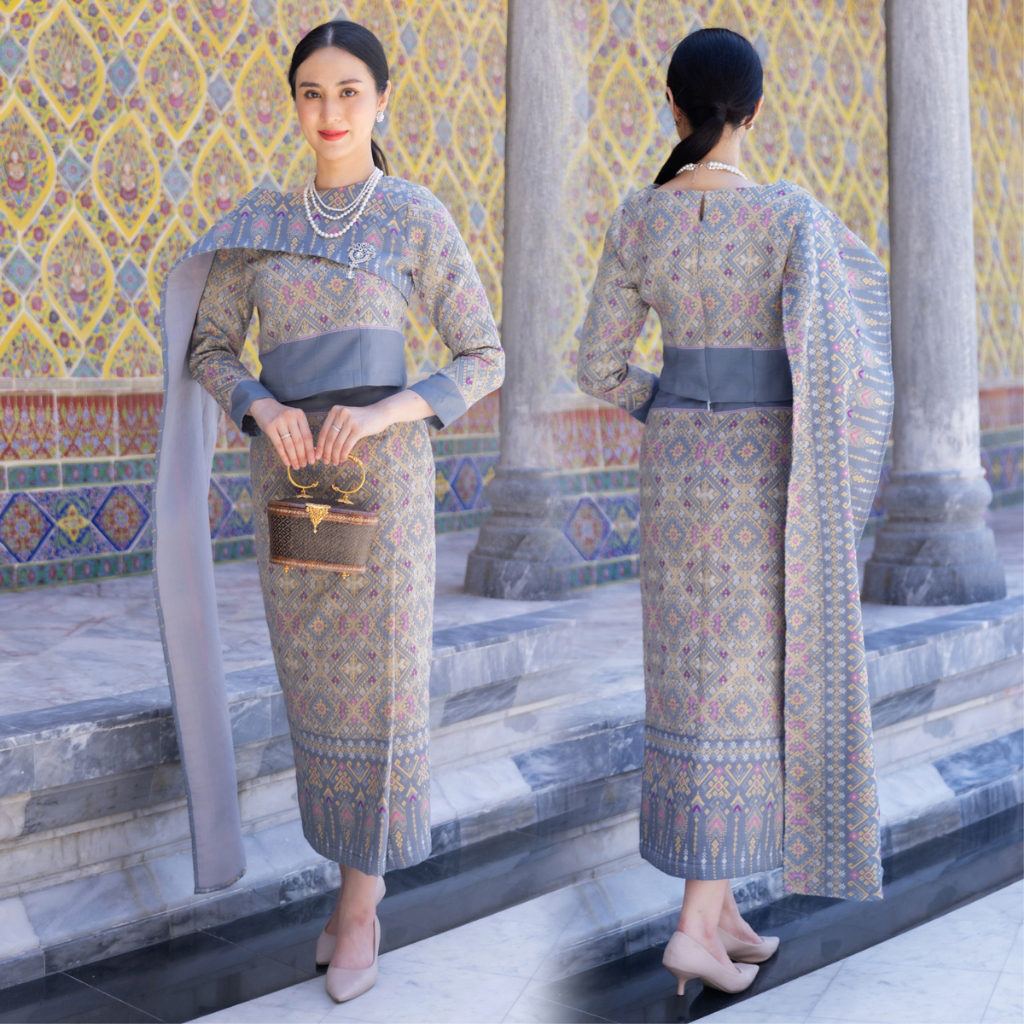 kudapy ชุดผ้าไหมทอลายสีแดง สีเทา ชุดออกงาน ไปวัด ทำบุญ - รุ่นละอองดาว แต่งสไบ