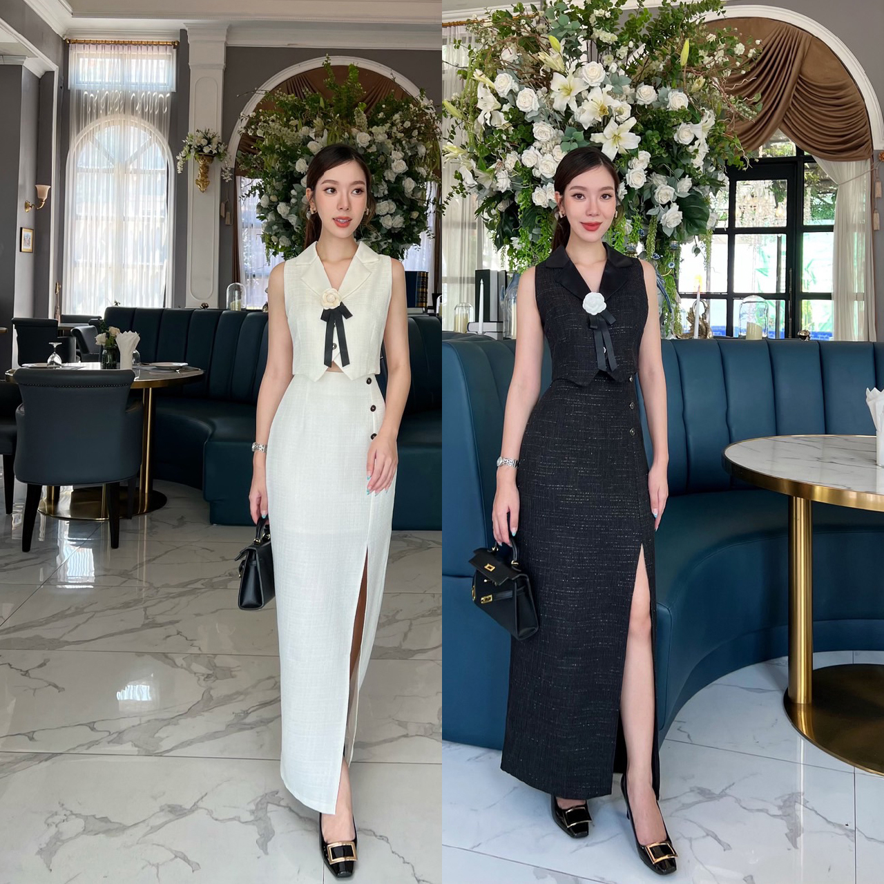 kudapy เซ็ทเสื้อแขนกุดเข้ารูปแต่งกระดุมจริงด้านหน้า 3 เม็ด กระโปรงยาวใช่ผ้าเดียวกับเสื้อ ผ่าด้านหน้า แต่งกระดุมหลอกด้านหน้า ซิปหลัง มีซับในอย่างดี
