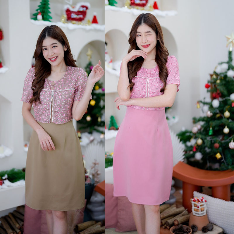 kudapy เดรสสั้นสีชมพู/สีน้ำตาล กั๊กลายดอกแขนสั้น ใส่สวยดูดีน่ารัก
