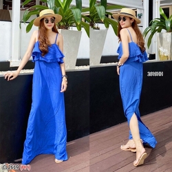 kudapy Maxi Dress เดรสสายเดี่ยว สีฟ้าน้ำเงิน,สีแดง,สีครีม ,สีส้ม แต่งระบายสองชั้นช่วงอก งานซิปหลัง เนื้อผ้าสปัน ผ้านิ่มใส่สบายไม่ร้อน รีดง่าย ทรงสวยมากใส่แล้วดูเพรียวสุดๆไปเลยจ้า