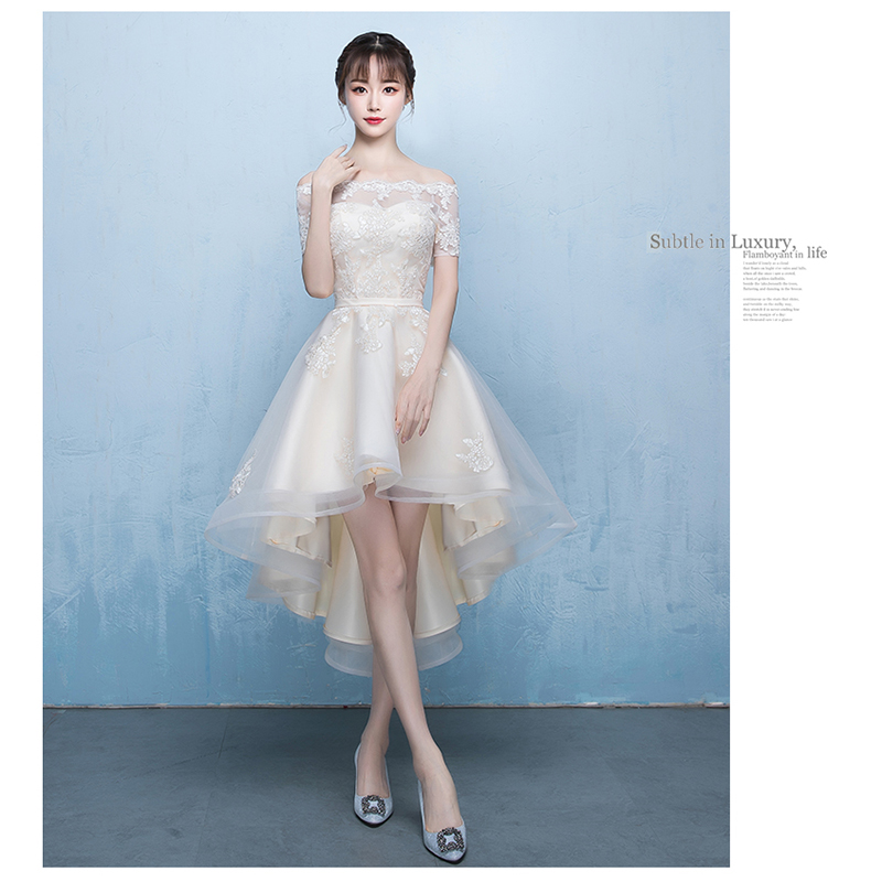 kudapy เดรสกระโปรงหน้าสั้นหลังยาวสีครีม ออกงานผ้าลูกไม้ปักสุดหรู ดีไซน์เปิดไหล่ ปิดต้นแขน