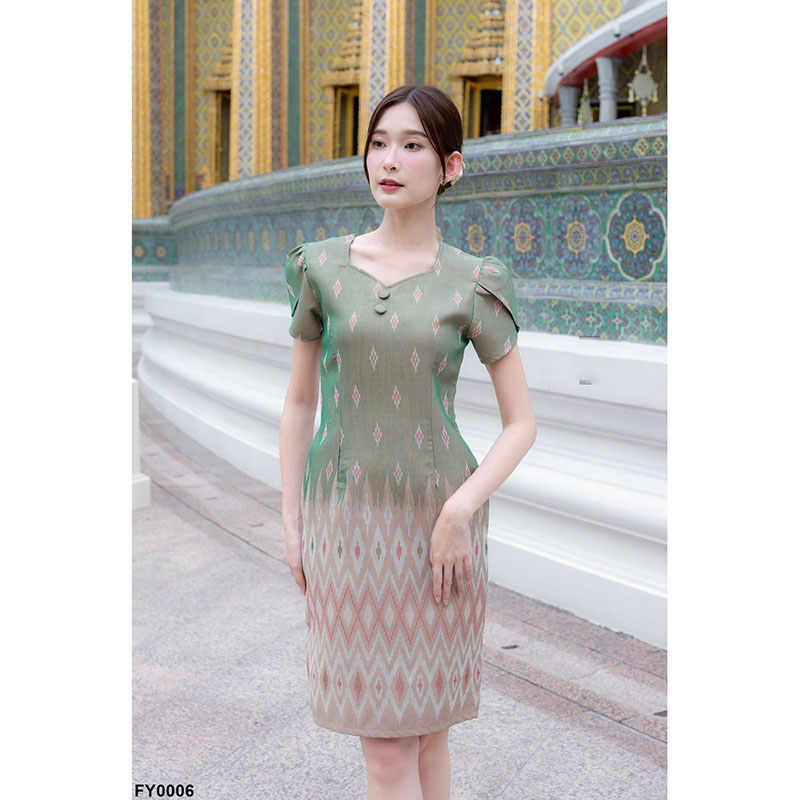 kudapy เดรสสั้นสีฟ้า/สีครีม/สีชมพู ผ้าทอแขนกลีบบัว ผ้าลายไทย ใส่ออกงานสวยดูดี