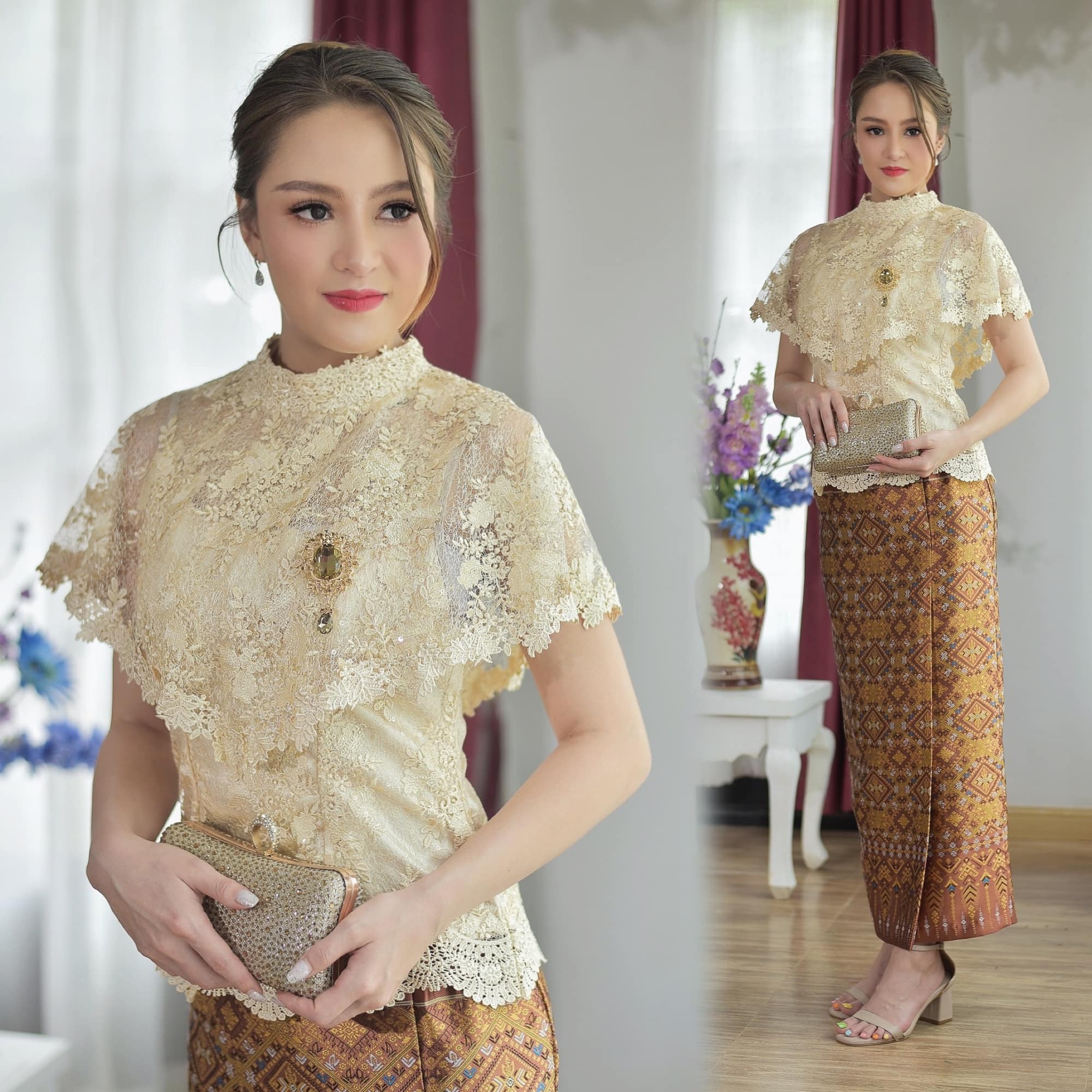 kudapy ชุดเซ็ทเสื้อลูกไม้+ผ้าถุง เสื้อเนื้อผ้าผ้าลูกไม้ใยบวบเกรดพรีเมี่ยมทั้งผืน ผ้าถุงลยไทยสวย ใส่ออกงานดูดี