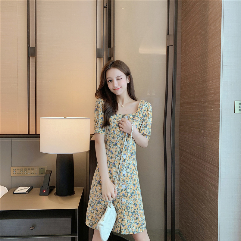 kudapy ชุดเดรสสีม่วง,สีเหลืองมัสตาร์ดใส่ทำงาน ผ้าโพลีเอสเตอร์ผสม พิมพ์ลายดอกไม้