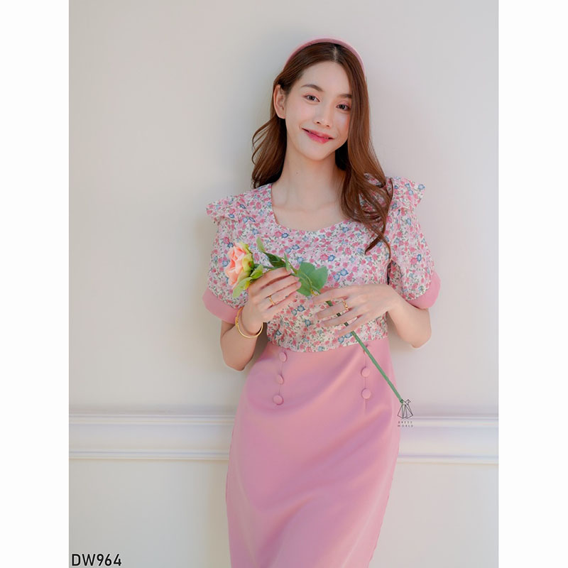 kudapy เดรสสั้นสีม่วง/สีชมพู/สีคราม แขนสั้นลายดอกมีกระดุม