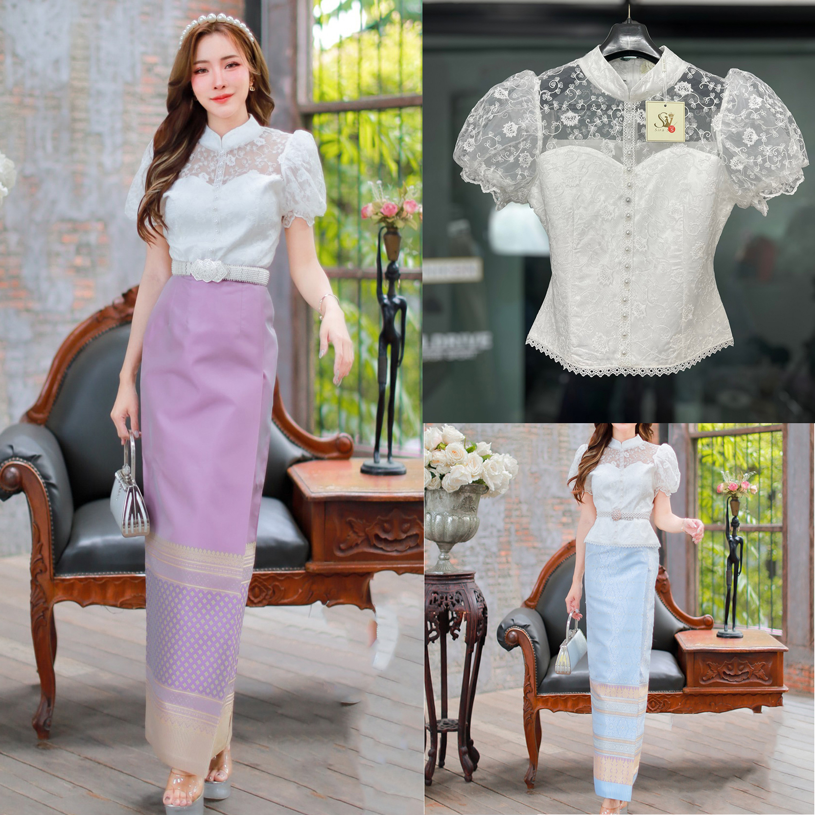 kudapy เสื้อลูกไม้สีขาวคอจีน +ผ้าถุงทอลายสีฟ้า สีม่วง แต่งกระดุมหน้า แขนสั้นจั้มปลาย ทรงเข้ารูปทช่วงเอว น่ารักมาก