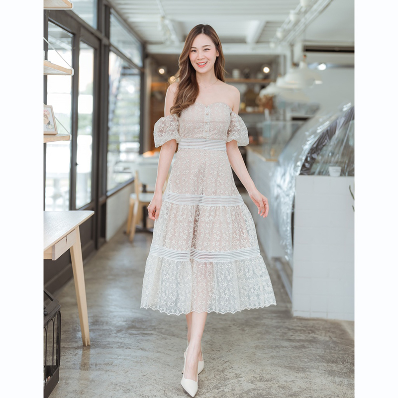 kudapy เดรสยาวเปิดไหล่สีชมพู/สีขาว ลูกไม้ออกงานเปิดไหล่สวยดูดี