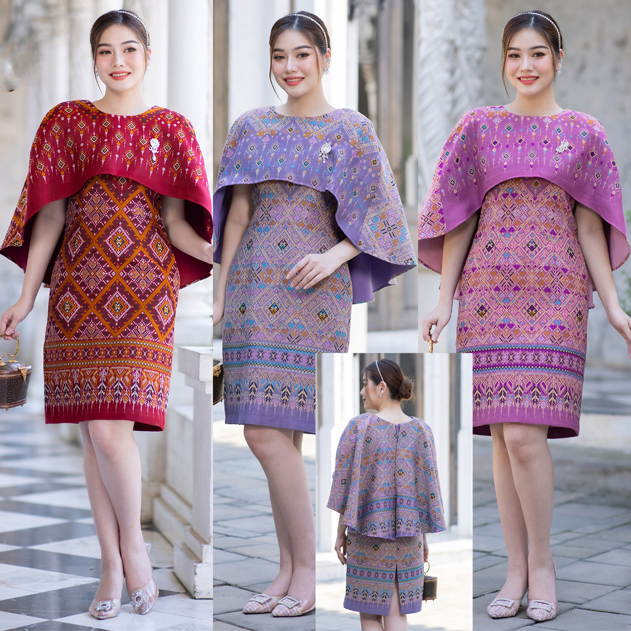 kudapy เดรสสั้นสีแดง/สีม่วง/สีม่วงอมเทา ชุดเมขลา" งานผ้าไหมทอสุดหรูลายแพรวา ทรงปีกผีเสื้อ สวยงาม ดูสง่า
