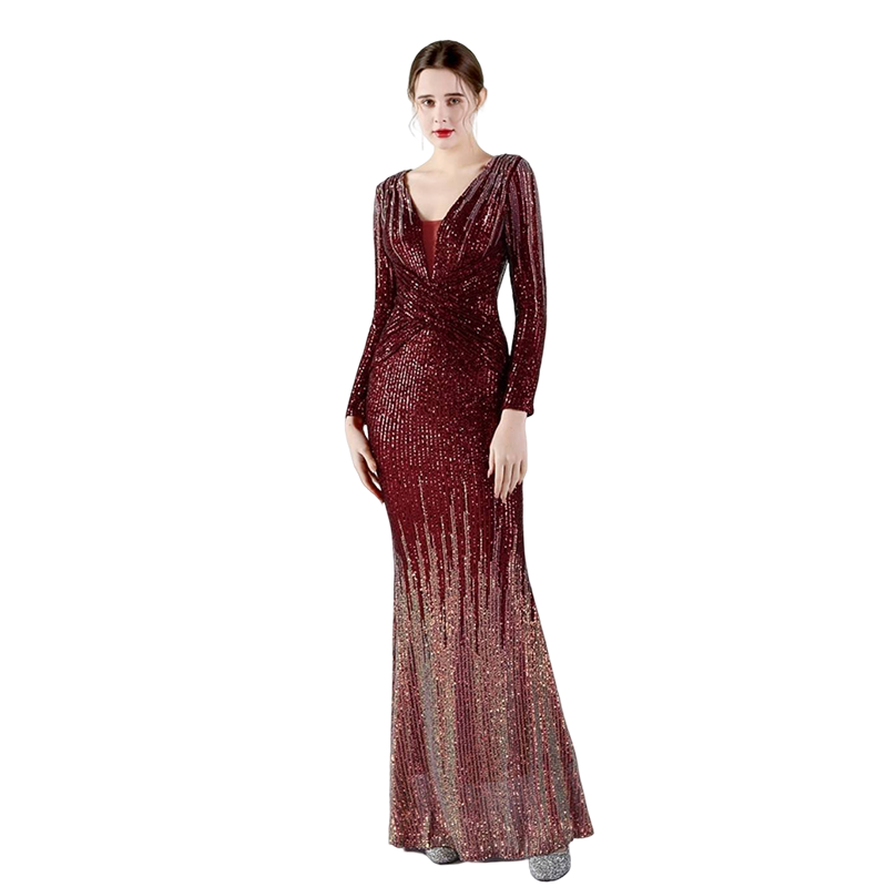 kudapy ชุดราตรียาวคอวีแขนยาวผ้ากริสเตอร์ทอแสง สีแดงเบอร์กันดี้,สีเขียว,สีชมพูโรสโกลด์ ผ้าขยายได้ สวมเข้ารูป ทรงสวย เรียบหรู มีบราเย็บติดข้างในชุด ซิปหลัง สำเนา สำเนา
