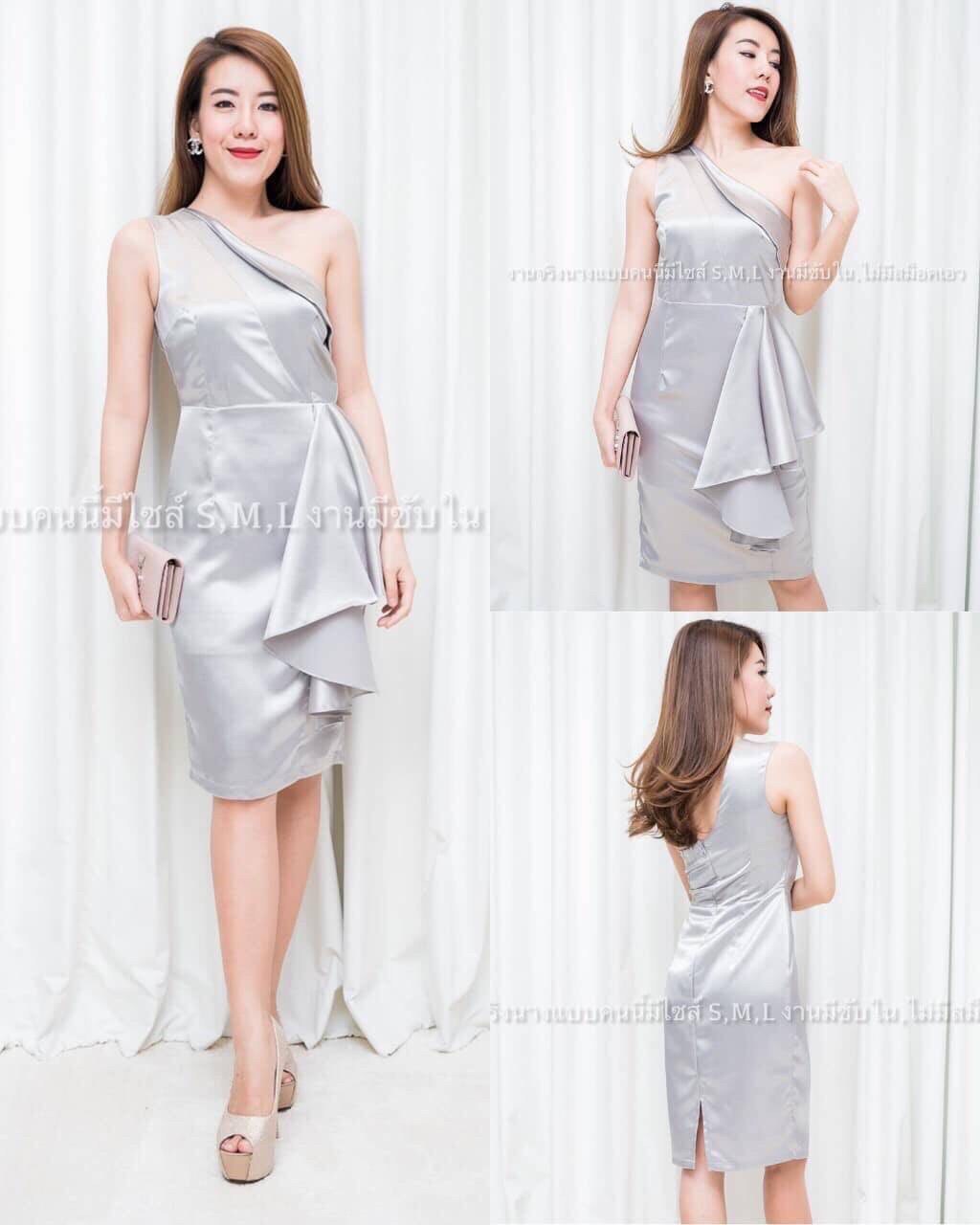 kudapy ชุดราตรีสั้นไหล่เฉียงจับจีบเอวแต่งระบายเลเยอร์ข้าง สีฟ้า ,โอวัลติน ,กรมท่า ,แดง ,ชมพูกลีบบัว ,เทา, เขียวอ่อน ,โอรส ,ชมพูโรสโกลด์