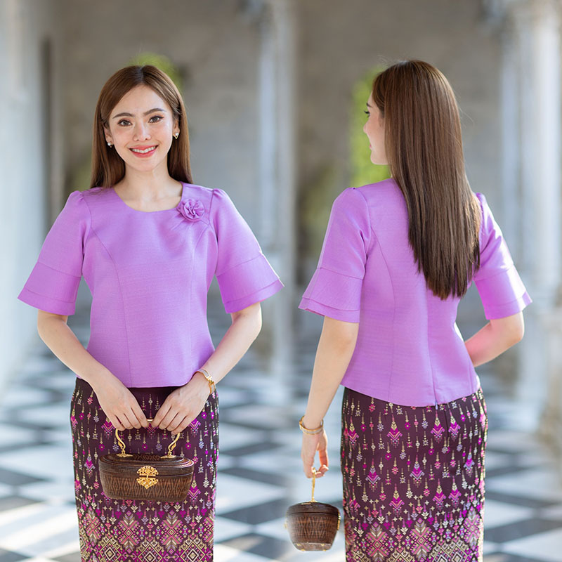 kudapy เสื้อออกงานสีขาว/สีม่วง/สีส้ม/สีฟ้า งานผ้าไหมฝรั่งเศสสีพื้น อัดกาวให้ทั้งตัว ทรงสวยตามแบบ การตัดเย็บเนียบ ทรงสวย ใส่สวยทุกรูปร่าง
