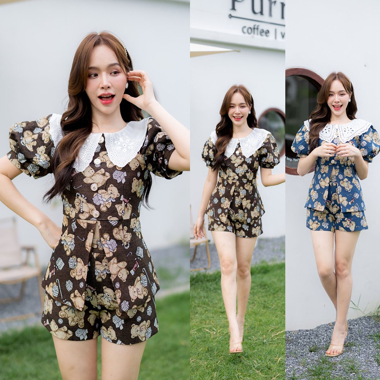 kudapy เซตเสื้อ+กางเกงลายหมีขาสั้น สุดคิ้วท์สุดปังใส่ไปเที่ยว ซิปซ่อนด้านหลัง