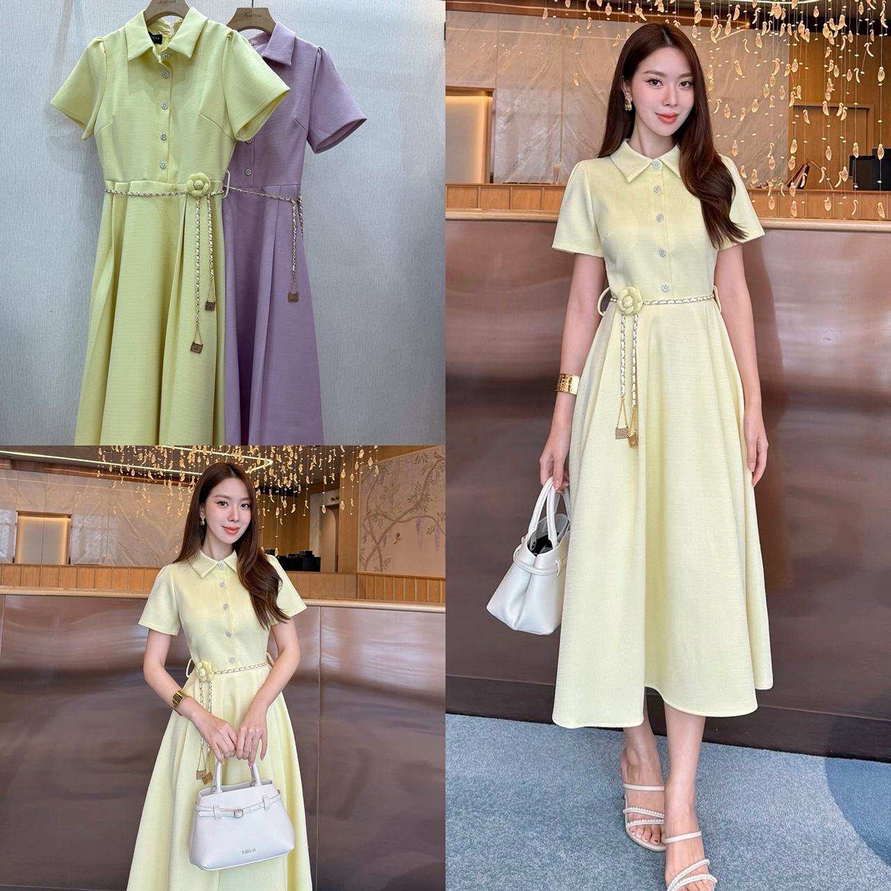 kudapy เดรสยาวสีครีม/สีฟ้า/ม่วงอ่อน/เหลืองอ่อน ผ้าทวิตญี่ปุ่นตกแต่งด้วยกระดุมดอกคามิเลีย ีซับในทั้งชุด ผ้าอัดกาวอย่างดี มาพร้อมกับเข็มขัดโซ่ และเข็มกลัดดอกไม้