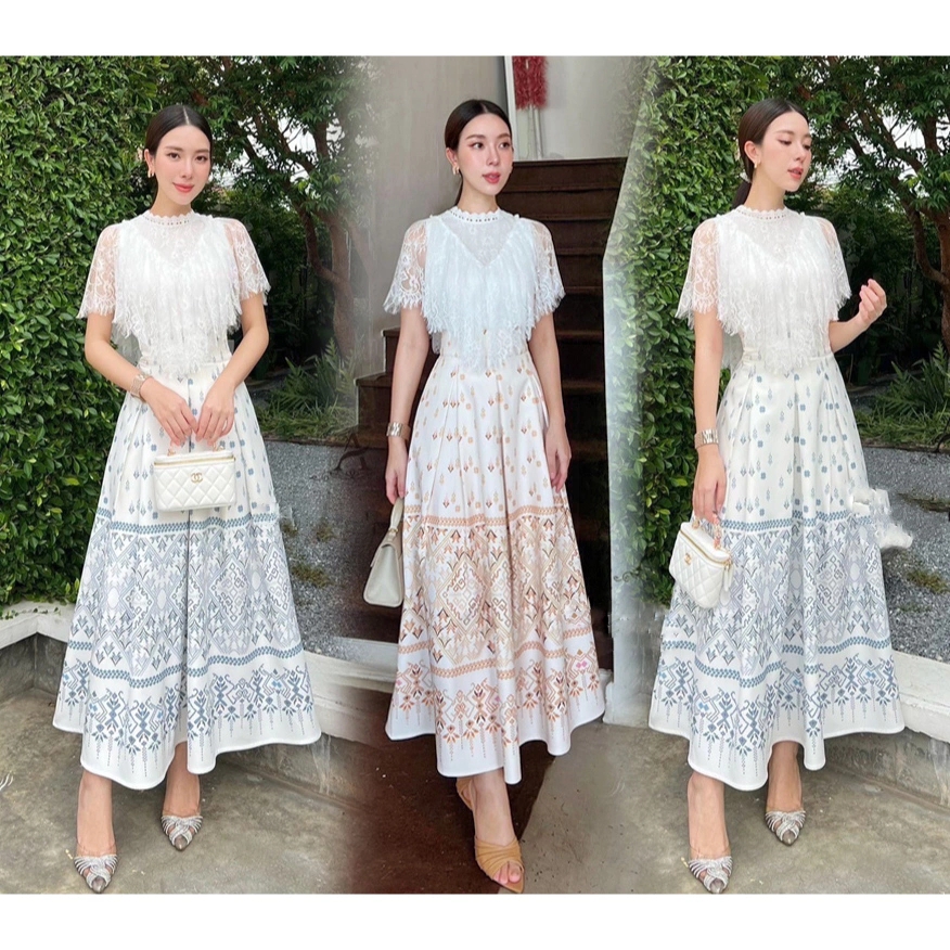 kudapy เซตเสื้อลูกไม้สีขาวแต่งระบาย+กระโปรงยาวลายไทย สีครีมน้ำตาล,สีเทาฟ้า
