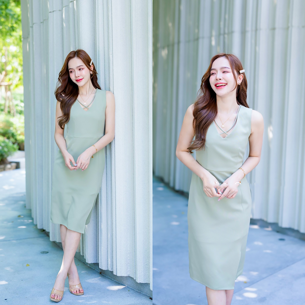 kudapy เดรสสั้นสีชมพู ครีม เขียวมัทฉะ ส้มอิฐ ช่วงเสื้อเป็นทรงคอวี แต่งด้วยสายเส้นสปาเกตตี้เส้นเล็กๆ จากบ่าลงมาไขว้ Cross กันที่ช่วงอก ต่อด้วยกระโปรงทรงตรงยาวคลุมเข่า