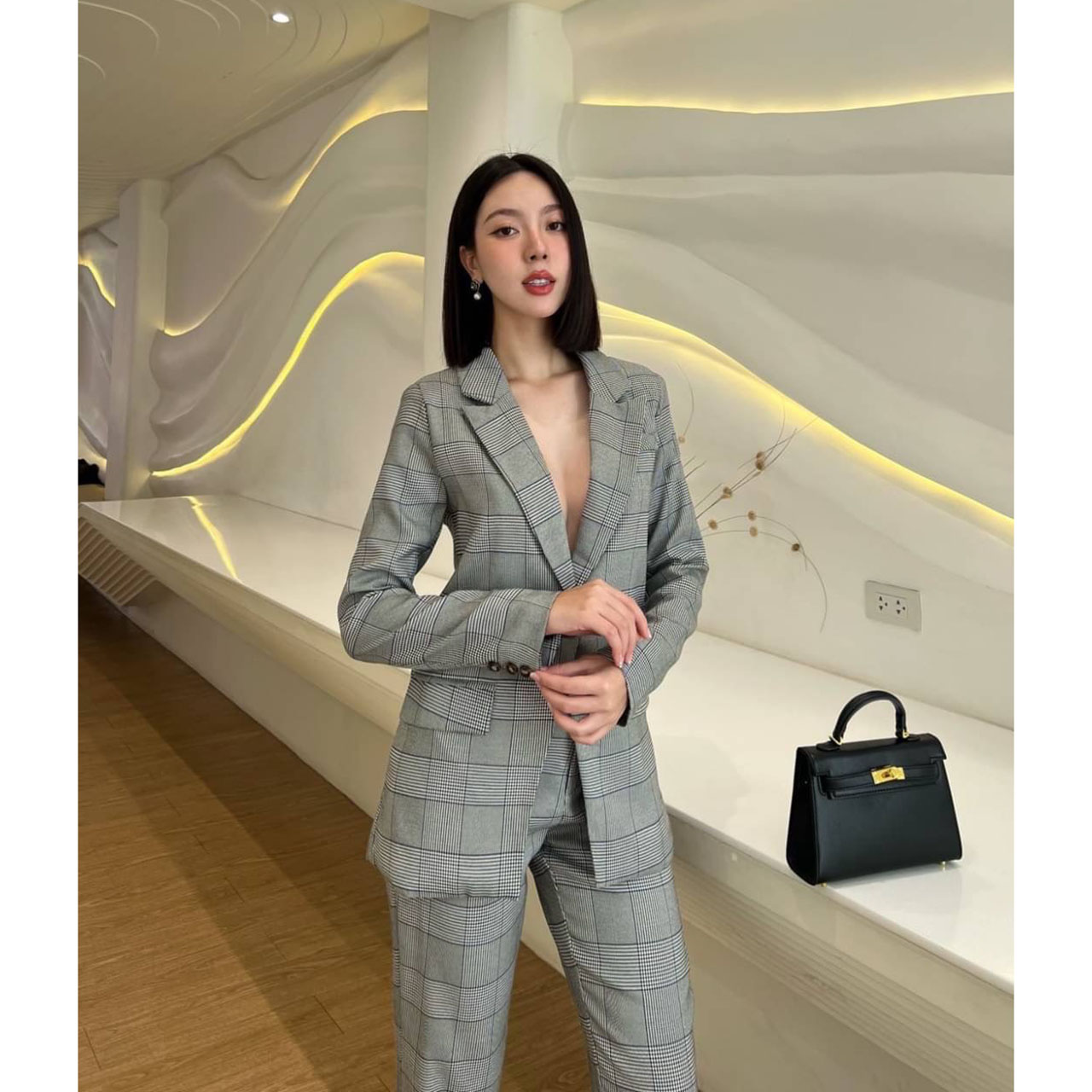 kudapy เซ็ทเสื้อ Blazer +กางเกงขายาว เสื้อสูทลายสก๊อตแถบฟ้า แต่งกระดุม