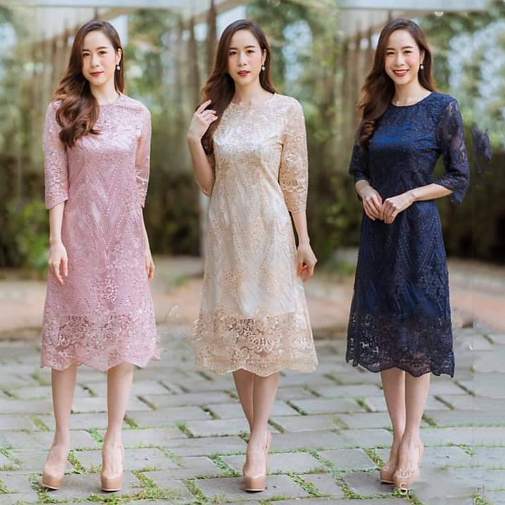kudapy ชุดเดรสไปงาน แขนยาวสามส่วนสีชมพู/ครีมทอง/กรมท่า เดรสปักเลื่อมกากเพชร งานซับใน ซิบหลัง