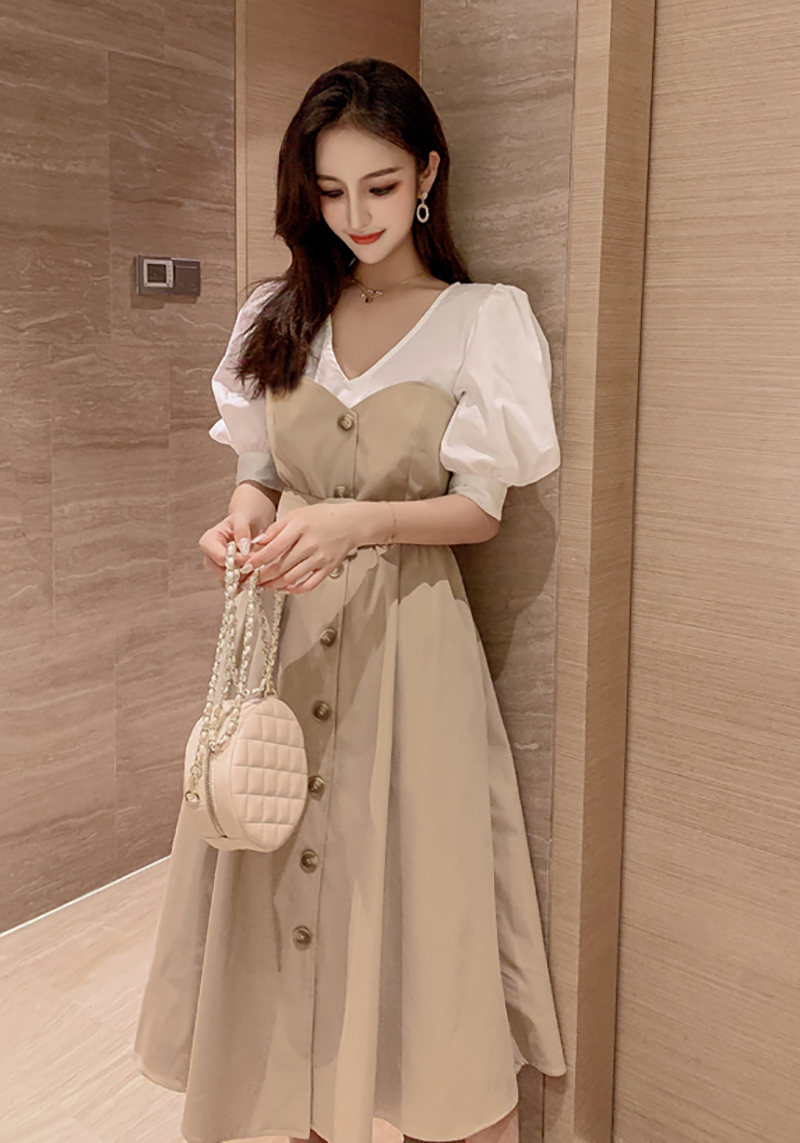 เดรสยาวคลุมเข่าสีครีมผ้าคอตตอนเนื้อดี ดีไซน์ตัดเย็บเหมือนใส่ 2 ชิ้น Xl