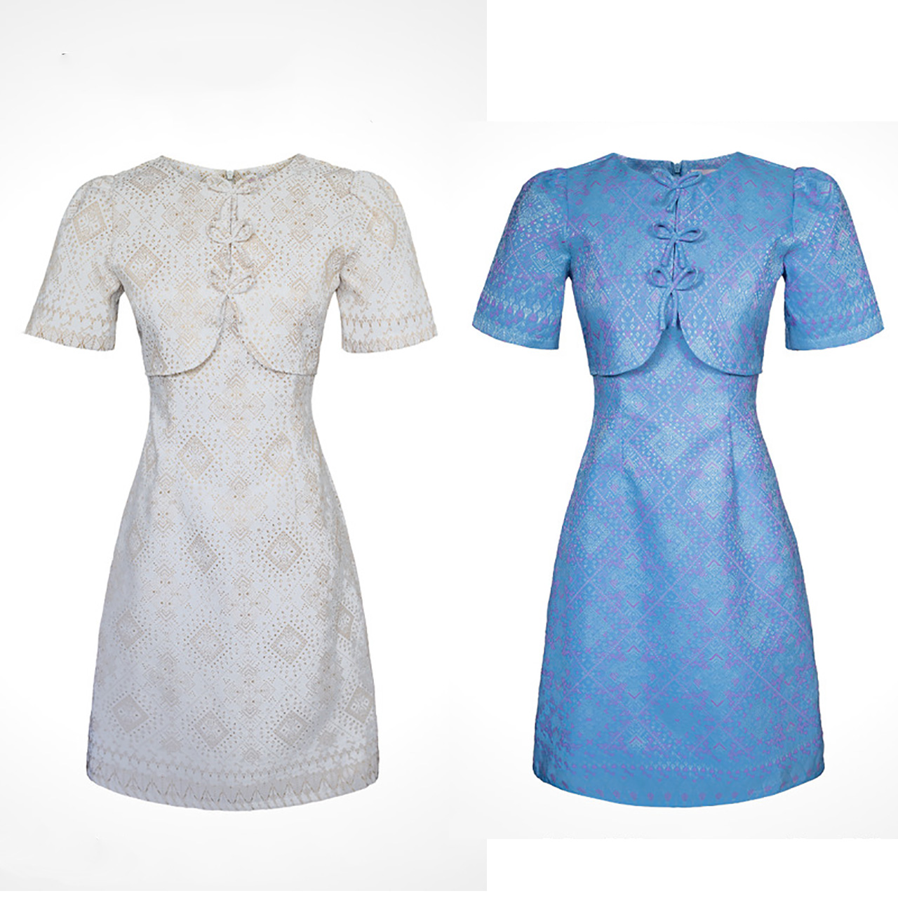 kudapy เดรสสั้นส ผ้าไทยทอลายเสื้อทรงกั๊กกระดุมโบว์