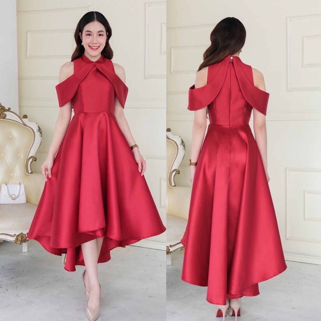 kudapy เดรสหน้าสั้นหลังยาวสีทอง/สีขาว/สีโรสโกล/สีแดง คอจีนสุดชิค ดีเทลป้ายไขว้พรางต้นแขน ซิปหลัง กระดุมหลังคอ กระโปรงทรงหน้าสั้นหลังยาว