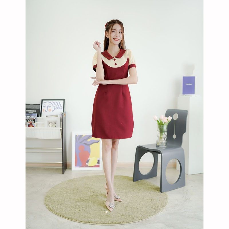 kudapy เดรสสั้นสีส้ม/สีดำ/สีแดง ทูโทนแขนจั๊ม สวยดูดี ใส่ทำงาน ออกงาน