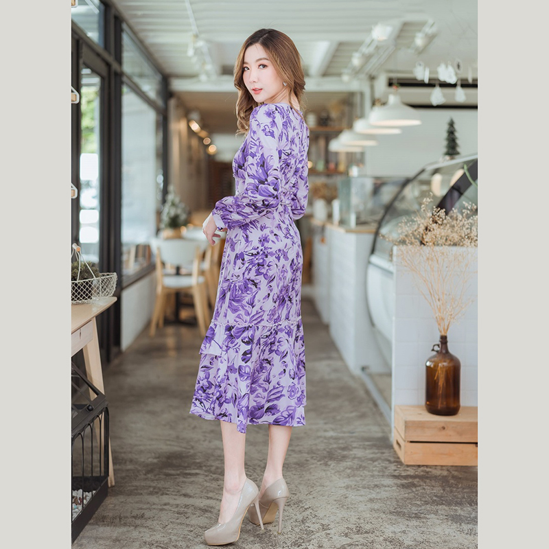 kudapyเดรสสั้นสีชมพู/ม่วง แขนยาวลายดอกไม้สวยดูดีน่ารัมากๆ