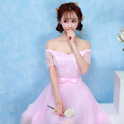 kudapy ชุดราตรีสั้นสีม่วง/สีชมพู เปิดไหล่ แขนสั้น ช่วงบนเป็นผ้าลูกไม้ ทรงสวยมาก