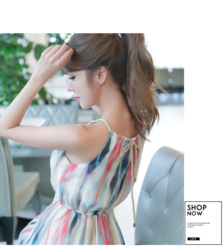 kudapy เดรสยาวไปทะเลพื้นสีครีมพิมพ์ลายทาง มีสายคล้องคอ เอวยางยืด ชุดเดรสผ้าชีผองเนื้อดีใส่สบายมากๆ