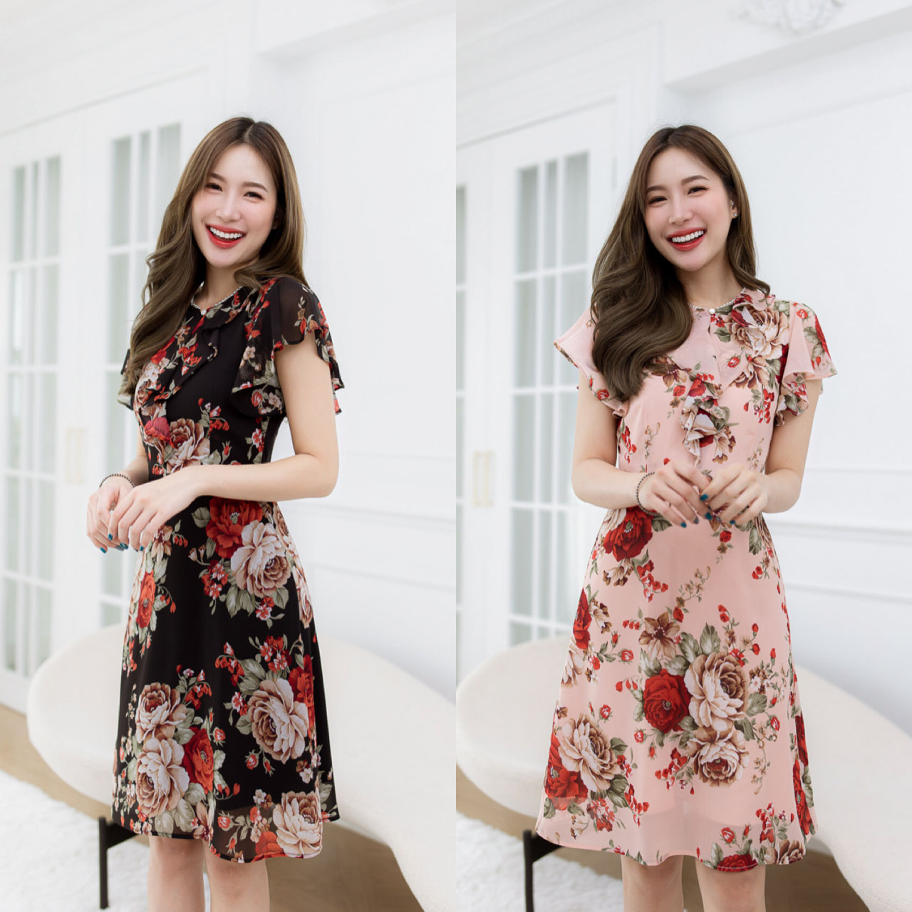 kudapy เดรสสั้นสีชมพู/สีดำ ผ้าชีฟอง ระบายรอบคอและอก มีดีเทลแต่งมุกขาวรอบคอสวยหรู ผ้าลายดอกสวยเด่นสดใส