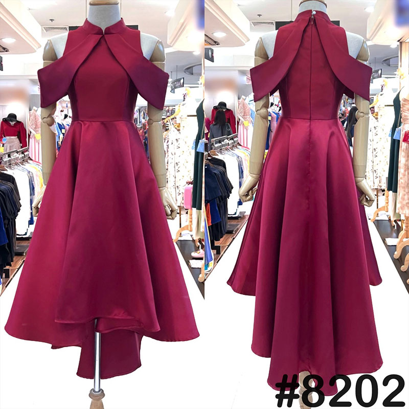 kudapy เดรสหน้าสั้นหลังยาวสีทอง/สีขาว/สีโรสโกล/สีแดง คอจีนสุดชิค ดีเทลป้ายไขว้พรางต้นแขน ซิปหลัง กระดุมหลังคอ กระโปรงทรงหน้าสั้นหลังยาว