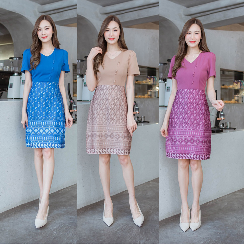 kudapy เดรสสั้นน้ำตาล/สีชมพู/สีฟ้า กระโปรงผ้าไทยท่อนบนสีพื้นแต่งกระดุม