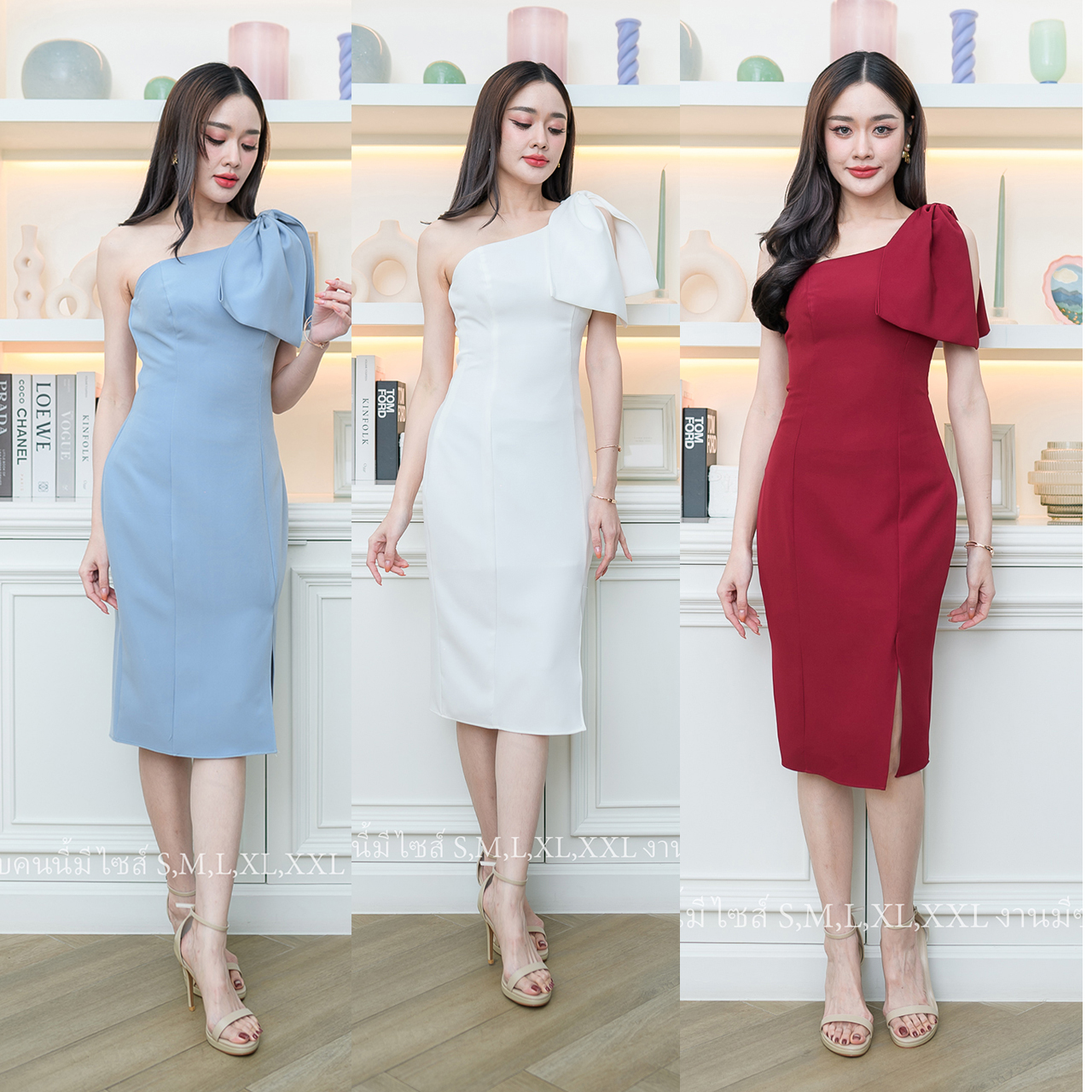 kudapy เดรสสั้นสีขาว/สีฟ้า/สีแดง สวยออกงานทรงไหล่เบี่ยงแต่งโบว์น่ารักปนเซ็กซี่ มีซับในซิปหลัง