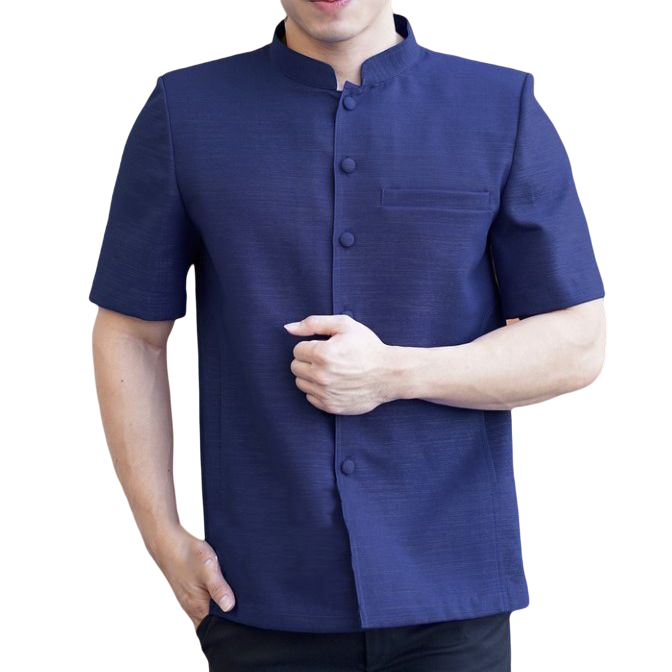 kudapy เสื้อผ้าไหมคอพระราชทานสีกรมท่า,สีชมพูกะปิ,สีน้ำเงิน,สีขาว เสื้อผ้าไทยผู้ชาย คอพระราชทาน ผ่าหน้า แขนสั้น มีกระเป๋าด้านซ้ายบน (อัดผ้ากาว มีฟองน้ำเสริมไหล่)